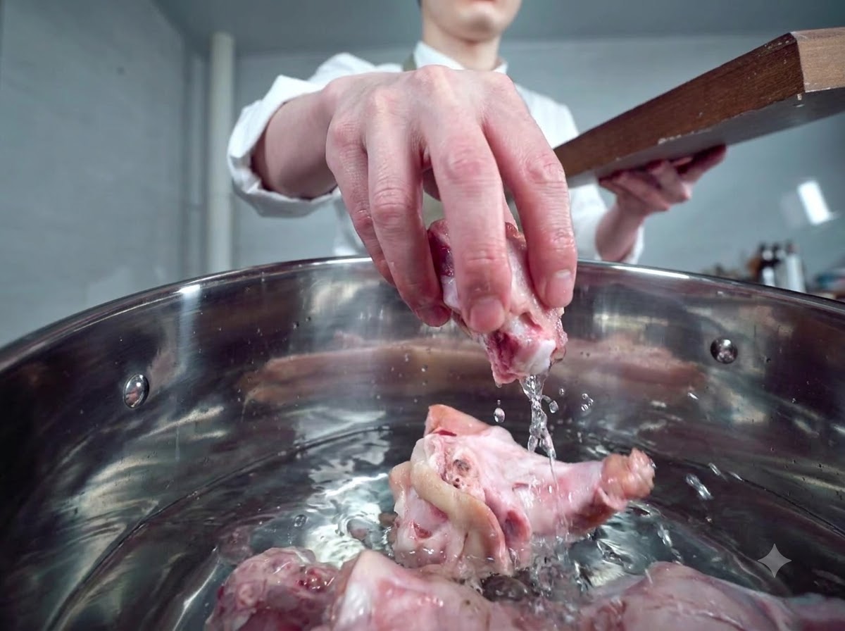 Rohe Schweineknochen und Spitzbeine werden in einen mit kaltem Wasser gefüllten Edelstahltopf gelegt.