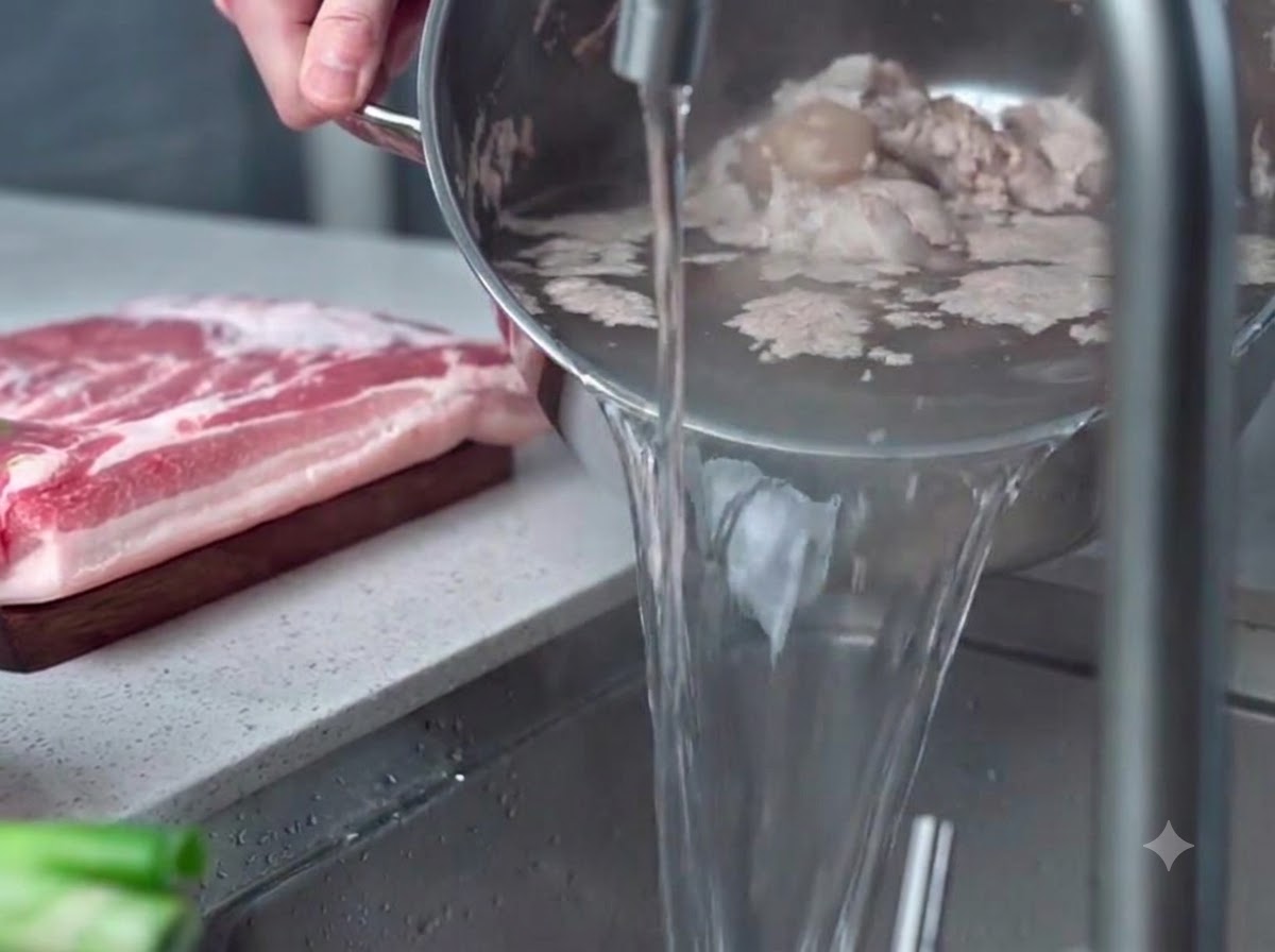 Eine Metallschüssel mit blanchierten Schweineknochen und Schaum wird unter fließendem Wasser in einer Küchenspüle abgespült.