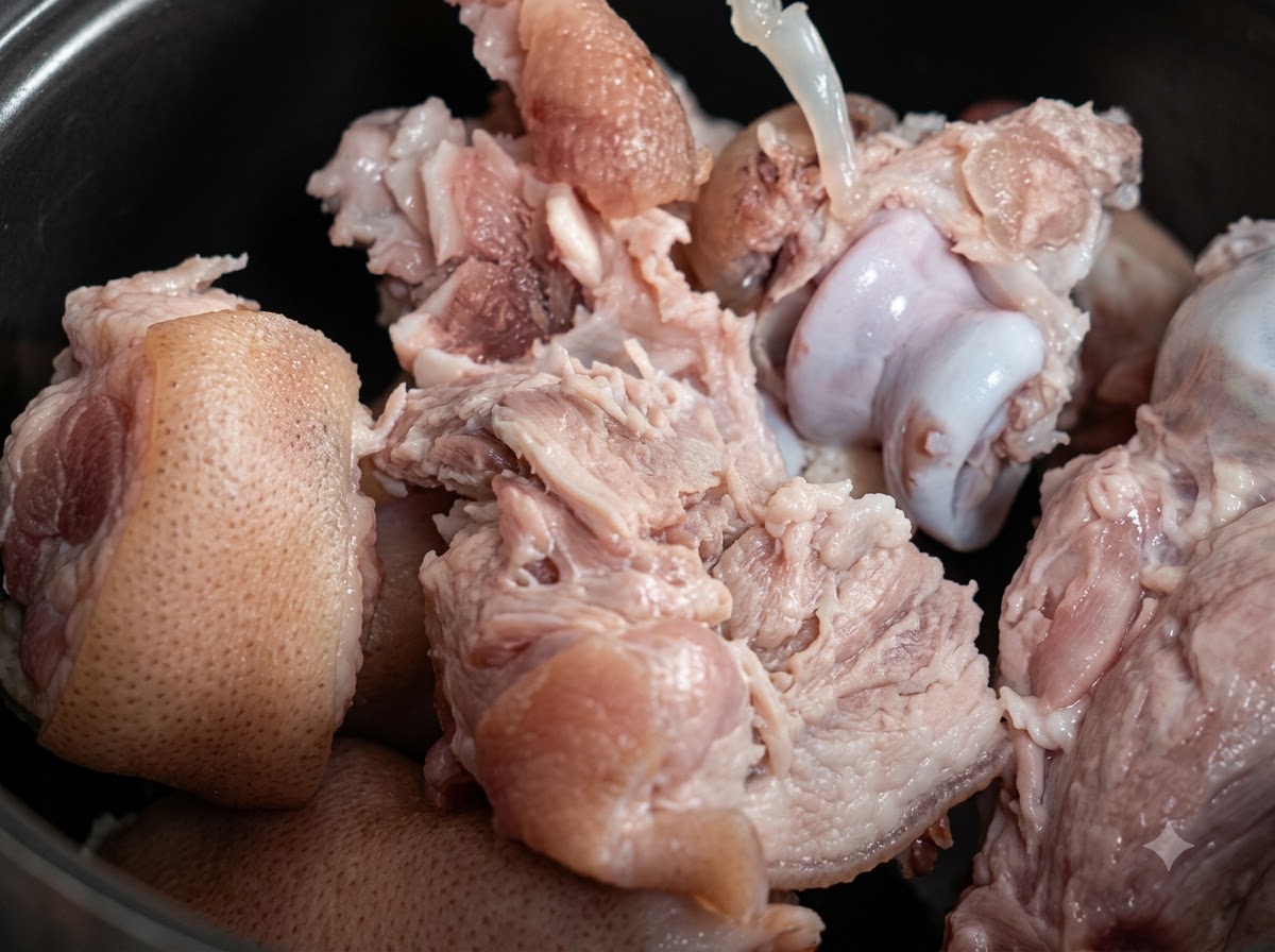 Nahaufnahme von gereinigten Schweineknochen und Knorpeln, die in einem tiefen Kochtopf köcheln.