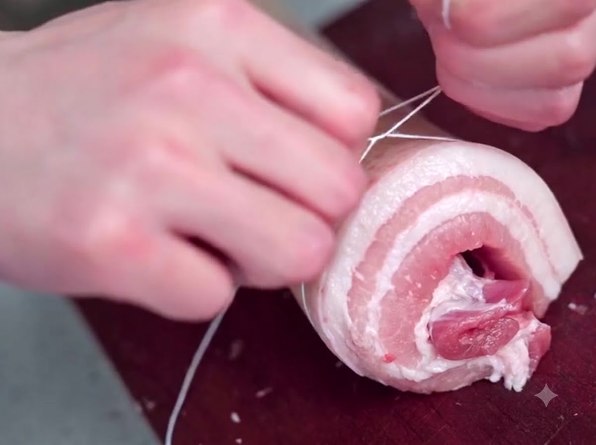 Zwei Hände wickeln Küchengarn fest um ein gerolltes Stück rohen Schweinebauch.