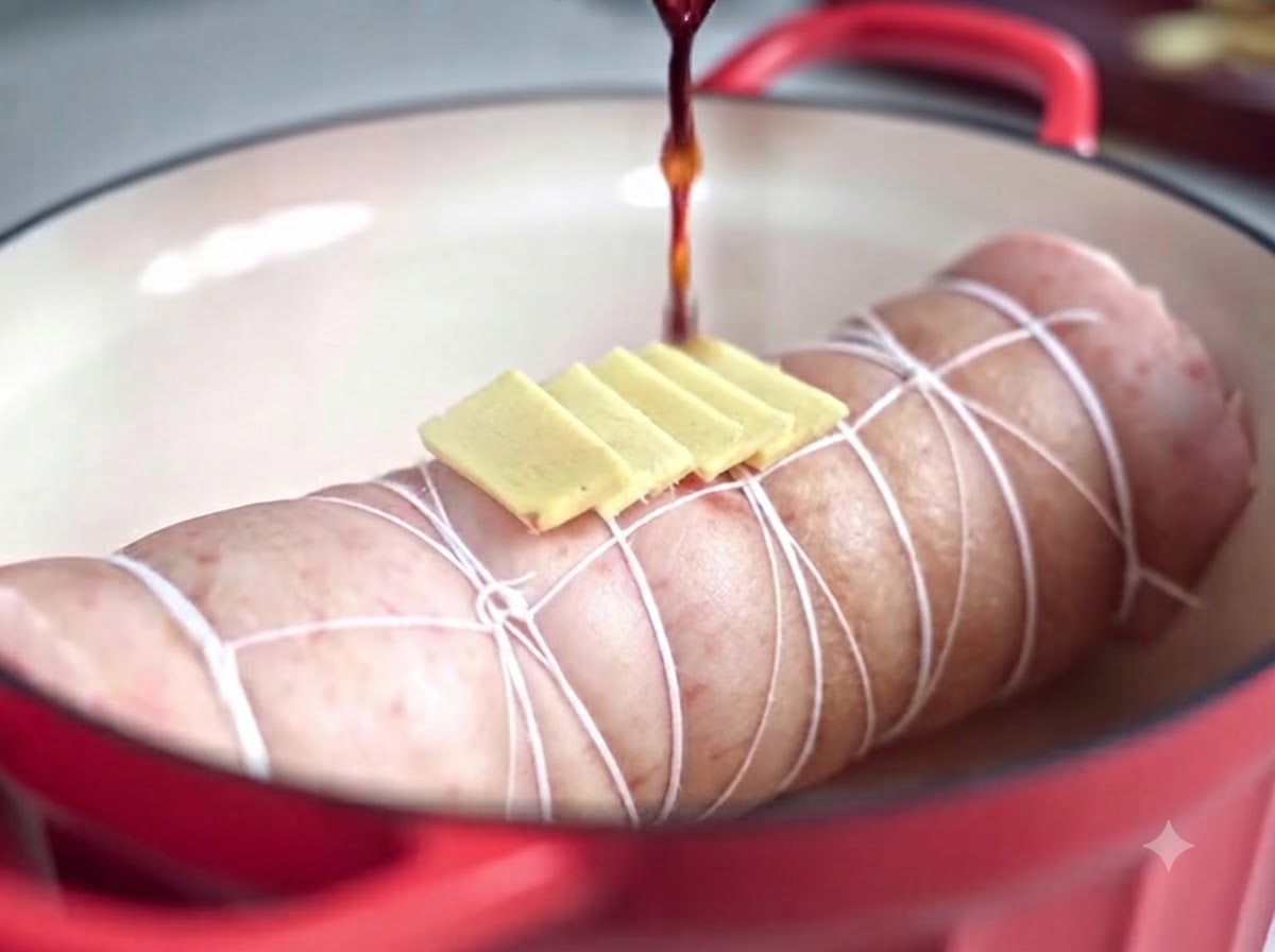 Eine dunkle, flüssige Marinade wird von oben auf eine gebundene Schweinebauchrolle mit geschnittenem Ingwer in einem Topf gegossen.