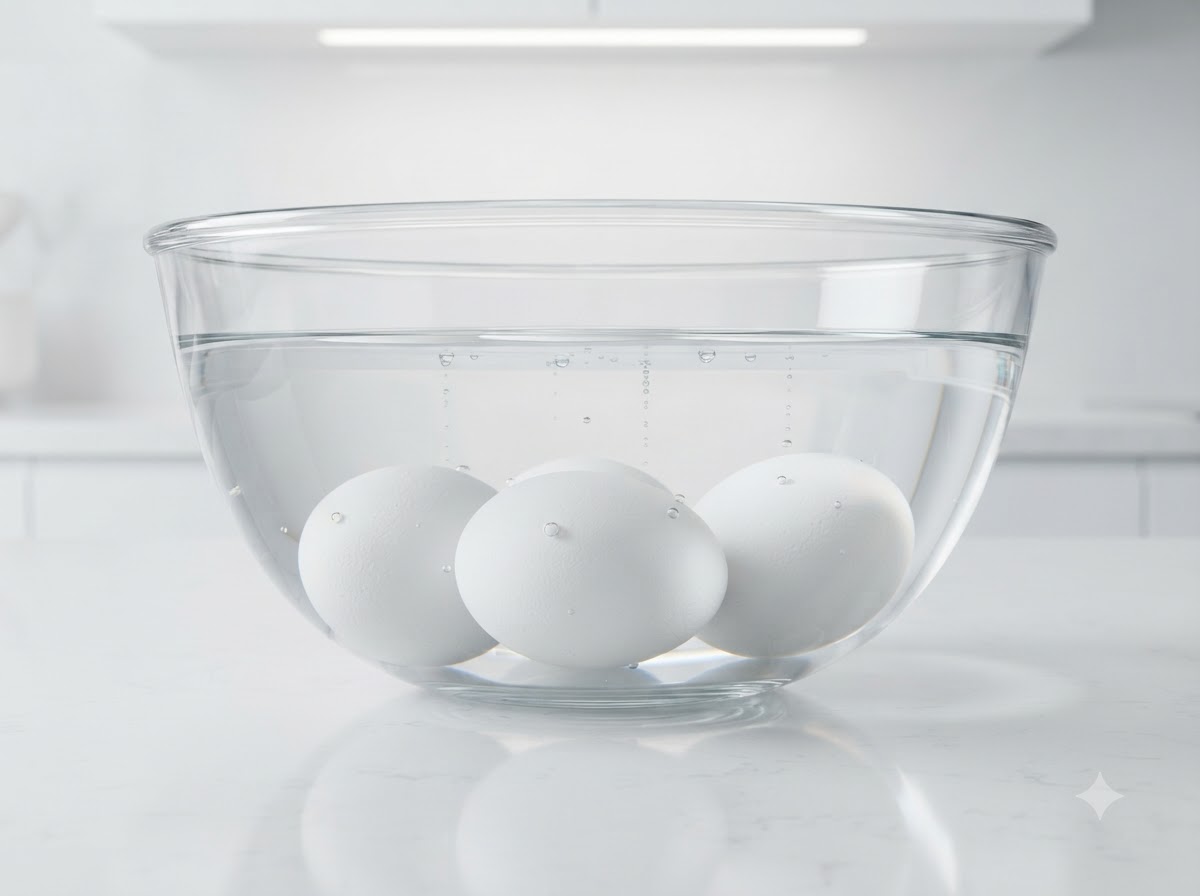 Drei gekochte Eier liegen untergetaucht in einer klaren Glasschüssel, die mit kaltem Wasser und Eis gefüllt ist.