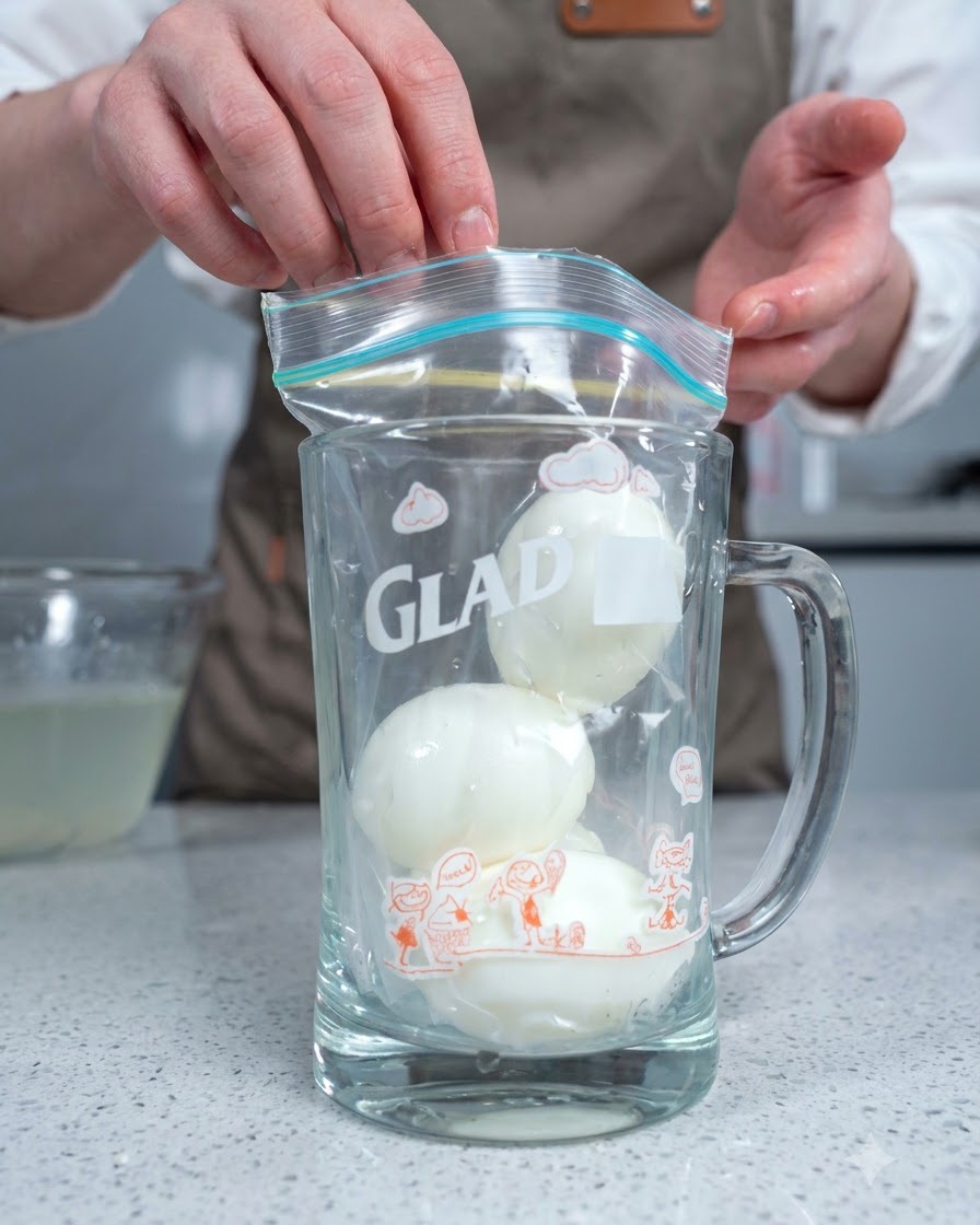 Geschälte, weichgekochte Eier werden in einen Vorratsbehälter aus Glas oder einen Becher gelegt.