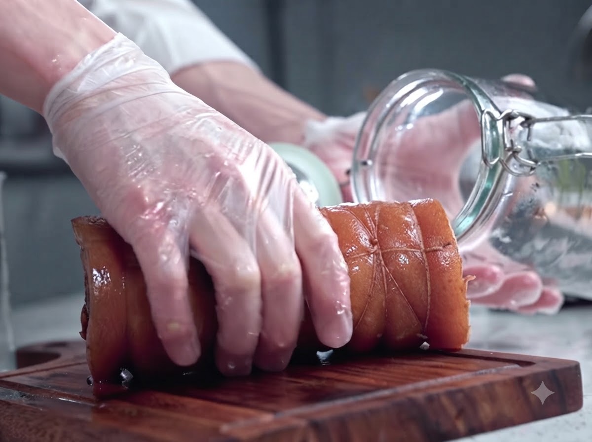 Behandschuhte Hände geben eine gekochte, gebundene Schweinebauchrolle in ein großes, klares Glas auf einem Holzbrett.