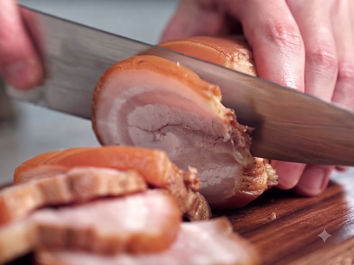 Nahaufnahme eines scharfen Messers, das eine marinierte und gebundene Schweinebauchrolle auf einem Schneidebrett in dicke, runde Stücke schneidet.