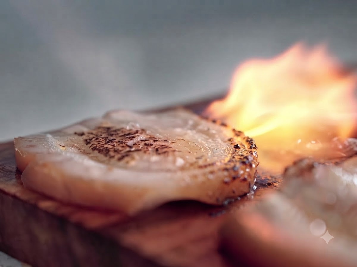 Ein Küchen-Bunsenbrenner ist auf eine Scheibe Chashu gerichtet, die auf einem Holzbrett liegt, erzeugt eine helle Flamme und verkohlt die Oberfläche.