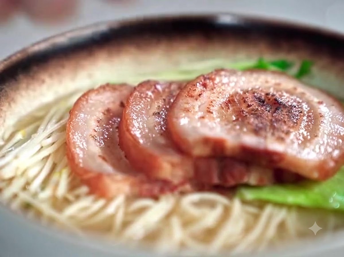 Nahaufnahme einer fertigen Schüssel Ramen mit Nudeln in Brühe, gekrönt mit überlappenden, angebratenen Chashu-Scheiben und frischem Grün.
