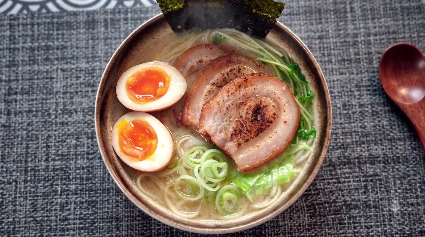 Reichhaltige Tonkotsu Ramen mit Chashu und weichgekochtem Ei