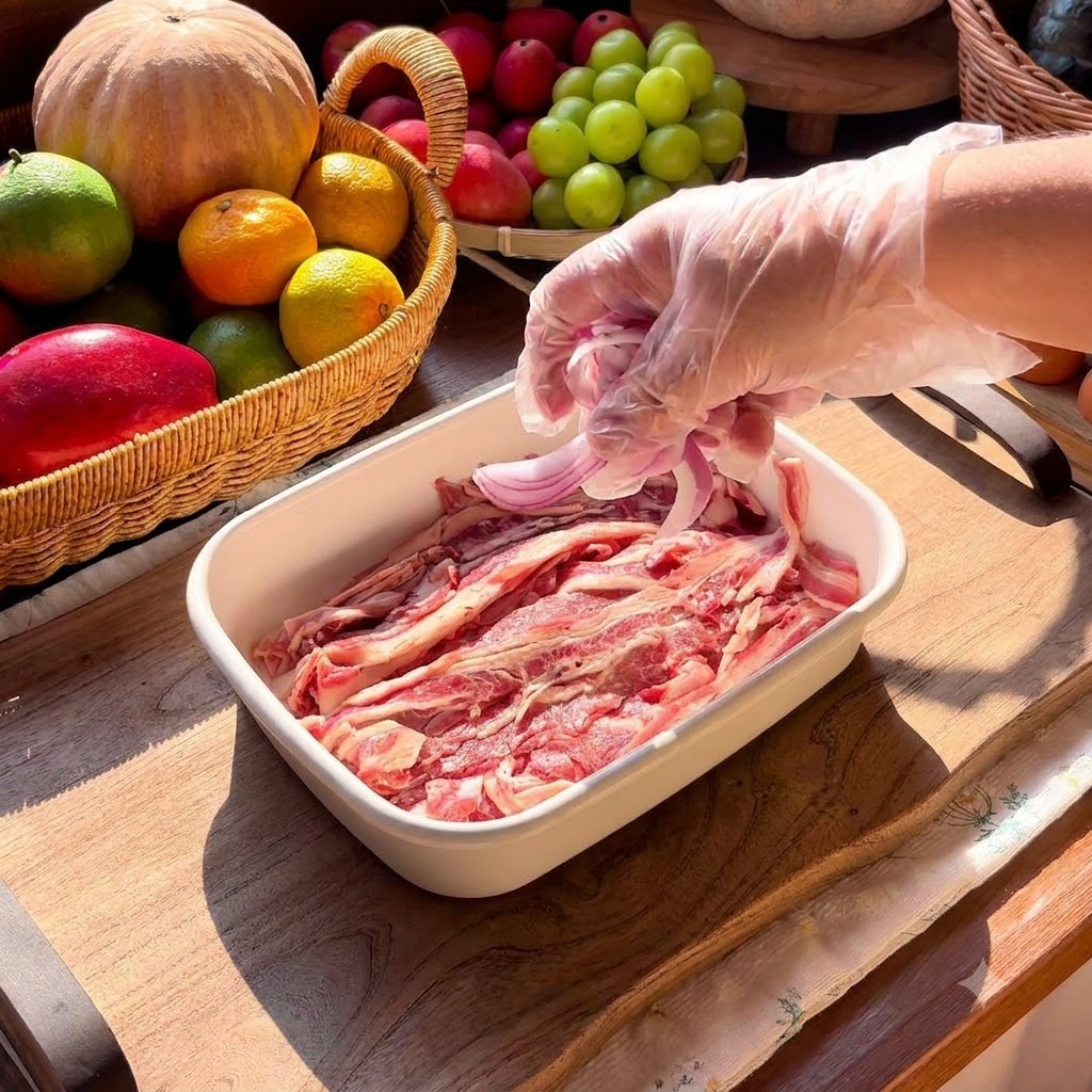 Dünn geschnittenes Rindfleisch in einer weißen rechteckigen Schale mit roten Zwiebeln oben drauf.