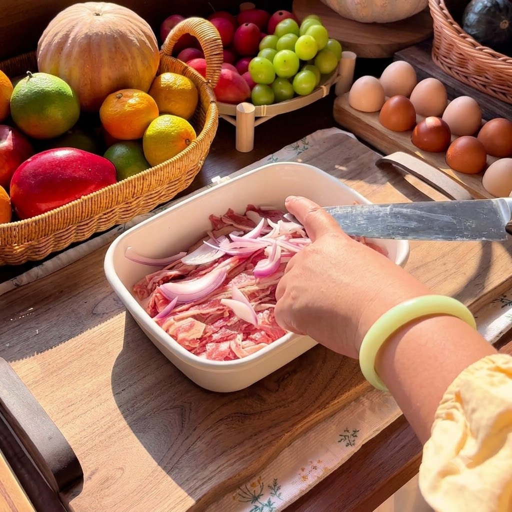 Gehackter Knoblauch, Sojasauce und Speiseöl werden in einer weißen Schale zum Rindfleisch und den Zwiebeln gegeben.