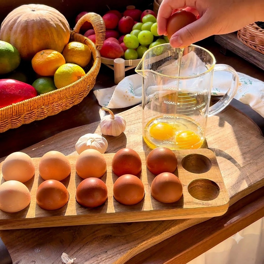 Eier werden in einen Glasmessbecher geschlagen, zusammen mit Gewürzen wie schwarzem Pfeffer und Salz.