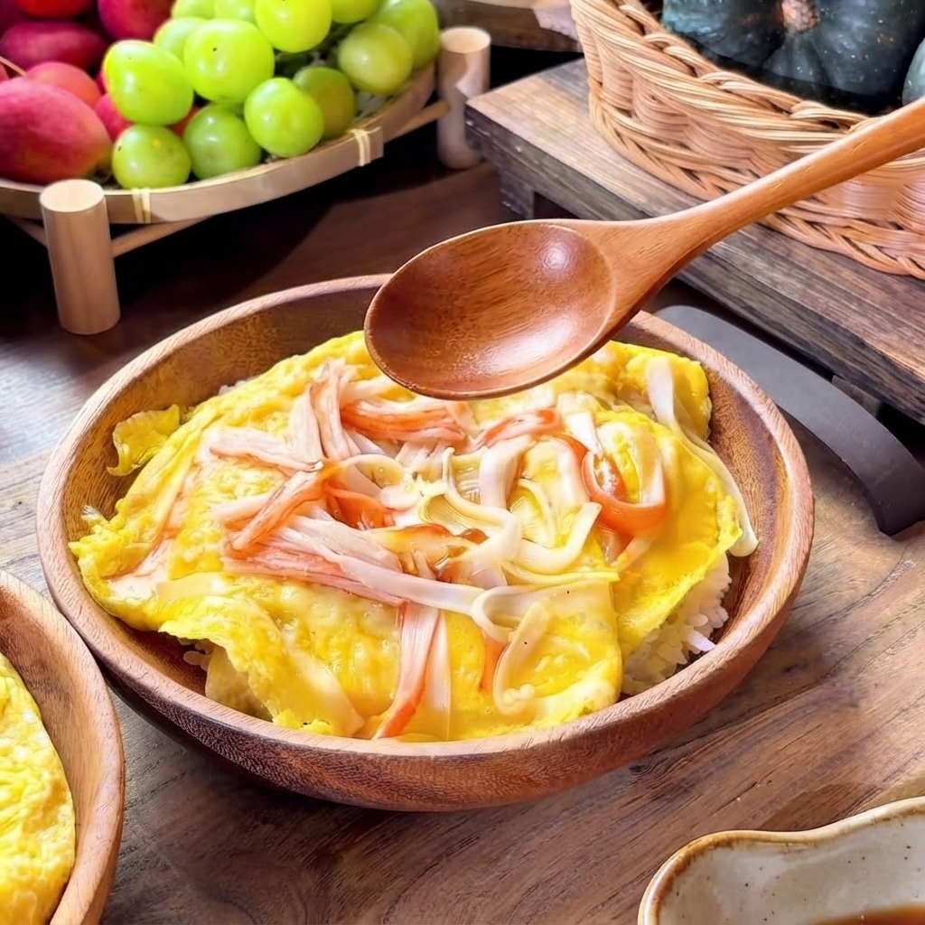 Ein Holzlöffel träufelt dunkle würzige Sauce über ein goldenes Bett aus Rührei und Reis in einer Holzschale.