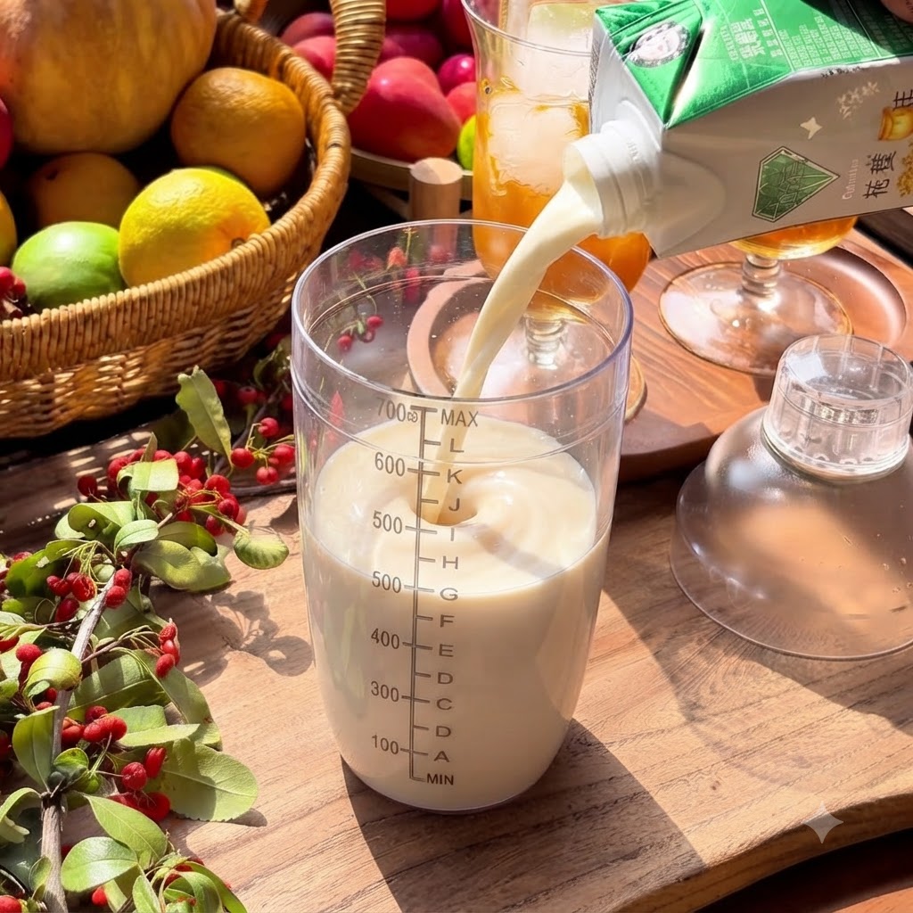 Milch wird aus einem Karton in einen mit Tee und Osmanthus-Honig gefüllten Messbehälter gegossen, wodurch eine wirbelnde Mischung entsteht.