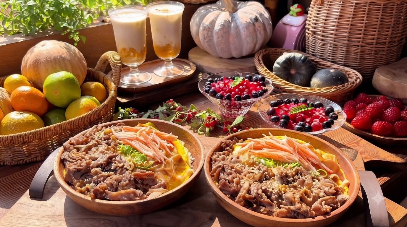 Herbstliche Rinder-Reis-Bowl mit Krabbenstab-Rührei und Osmanthus-Kürbis-Milch
