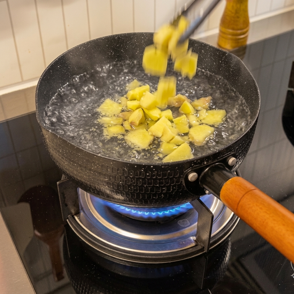 Gehackte Ingwerstücke werden in einen Topf mit kochendem Wasser gegeben.