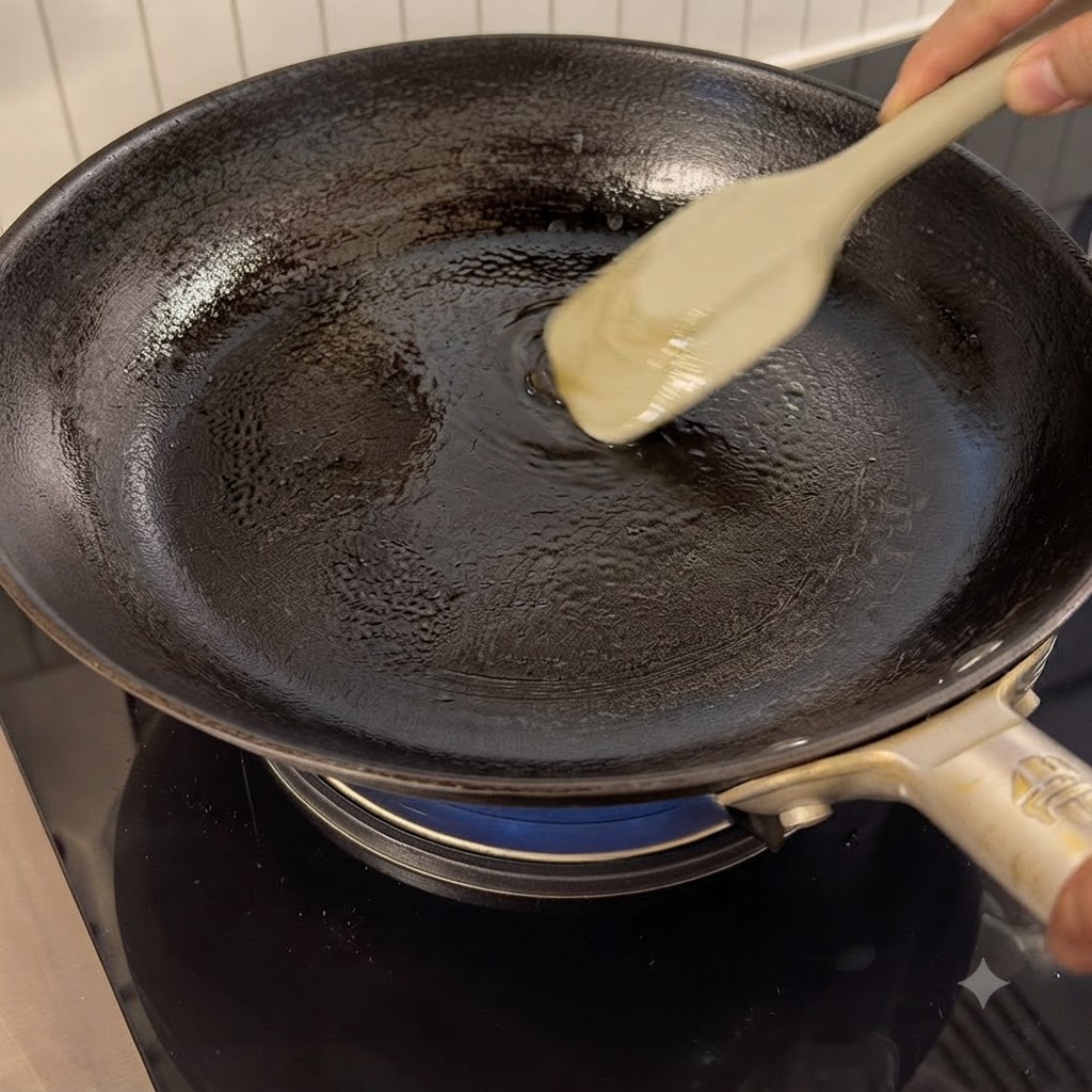 Eine schwarze Pfanne mit Speiseöl, das mit einem Silikonspatel auf dem Herd umgerührt wird.