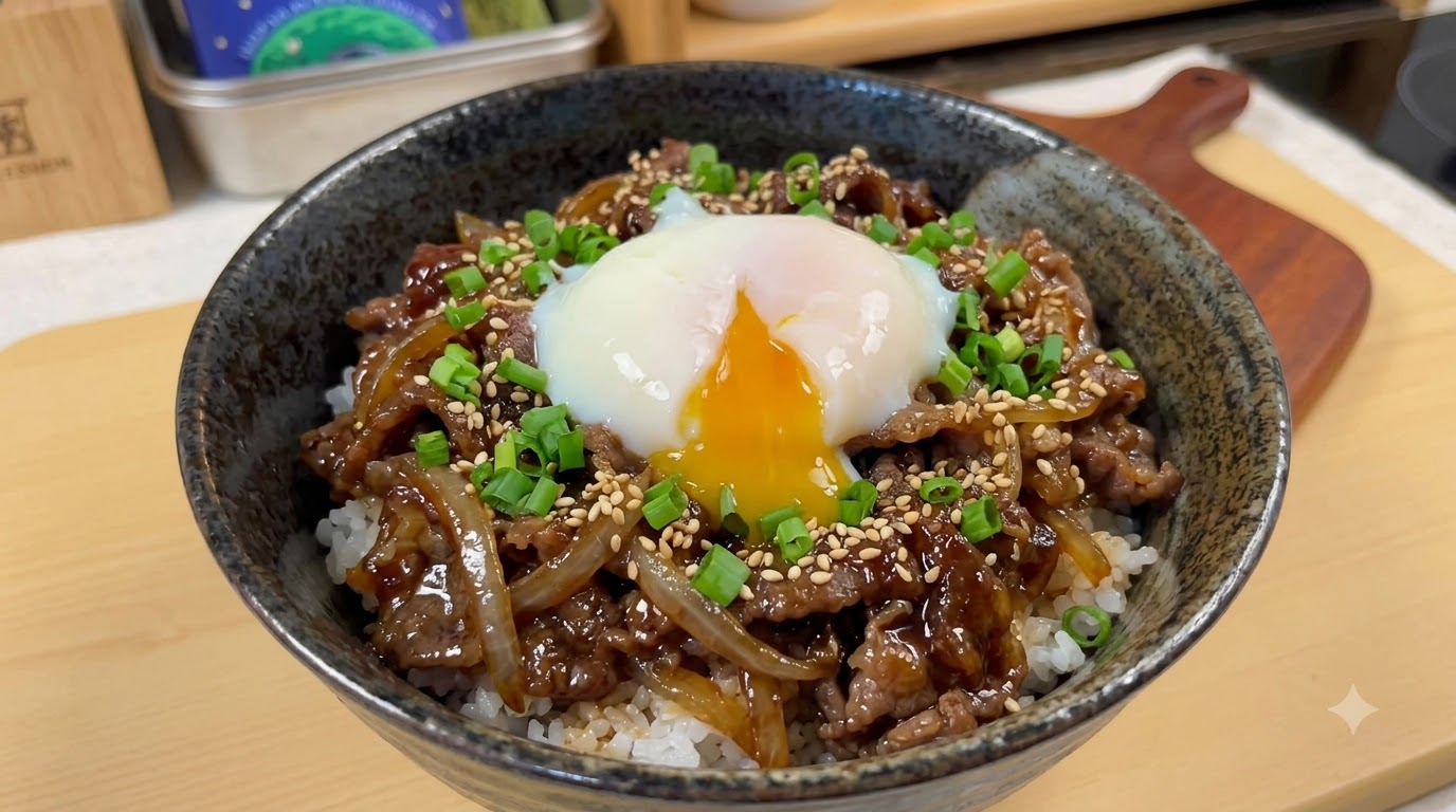 Teriyaki Rindfleisch-Reis-Bowl mit Onsen-Ei