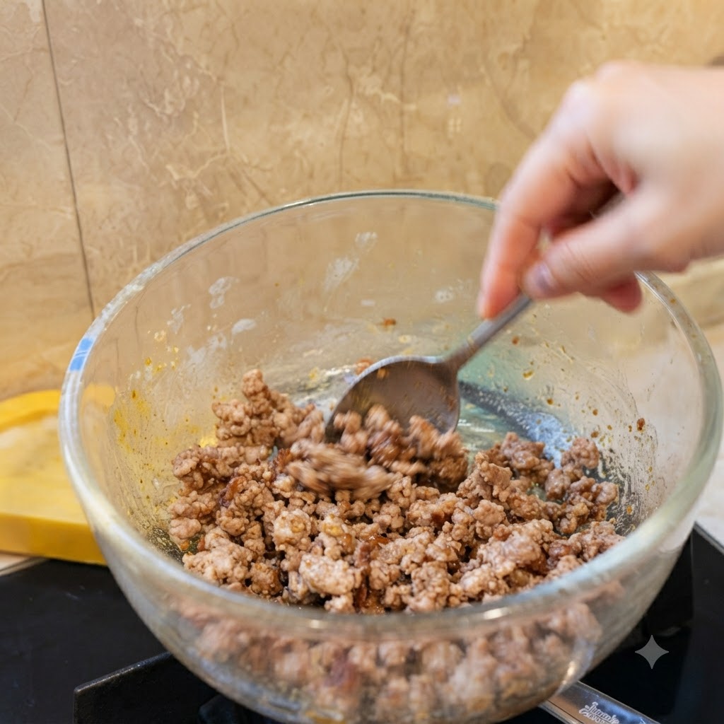Gewürztes Hackfleisch in einer Glasschüssel wird mit einem Löffel portioniert.
