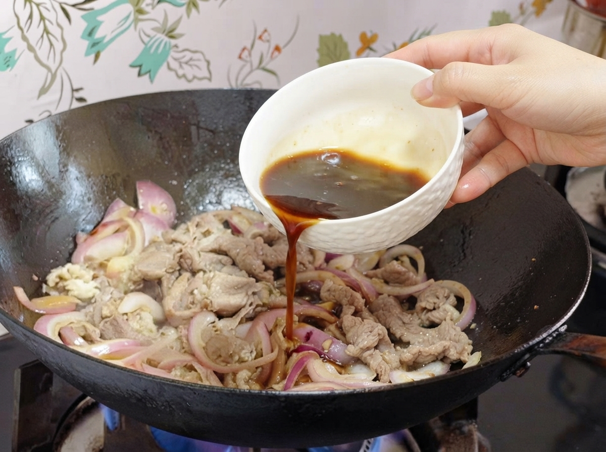 Sauce wird aus einer kleinen weißen Schüssel in einen Wok mit Zwiebeln und Rindfleischscheiben gegossen.