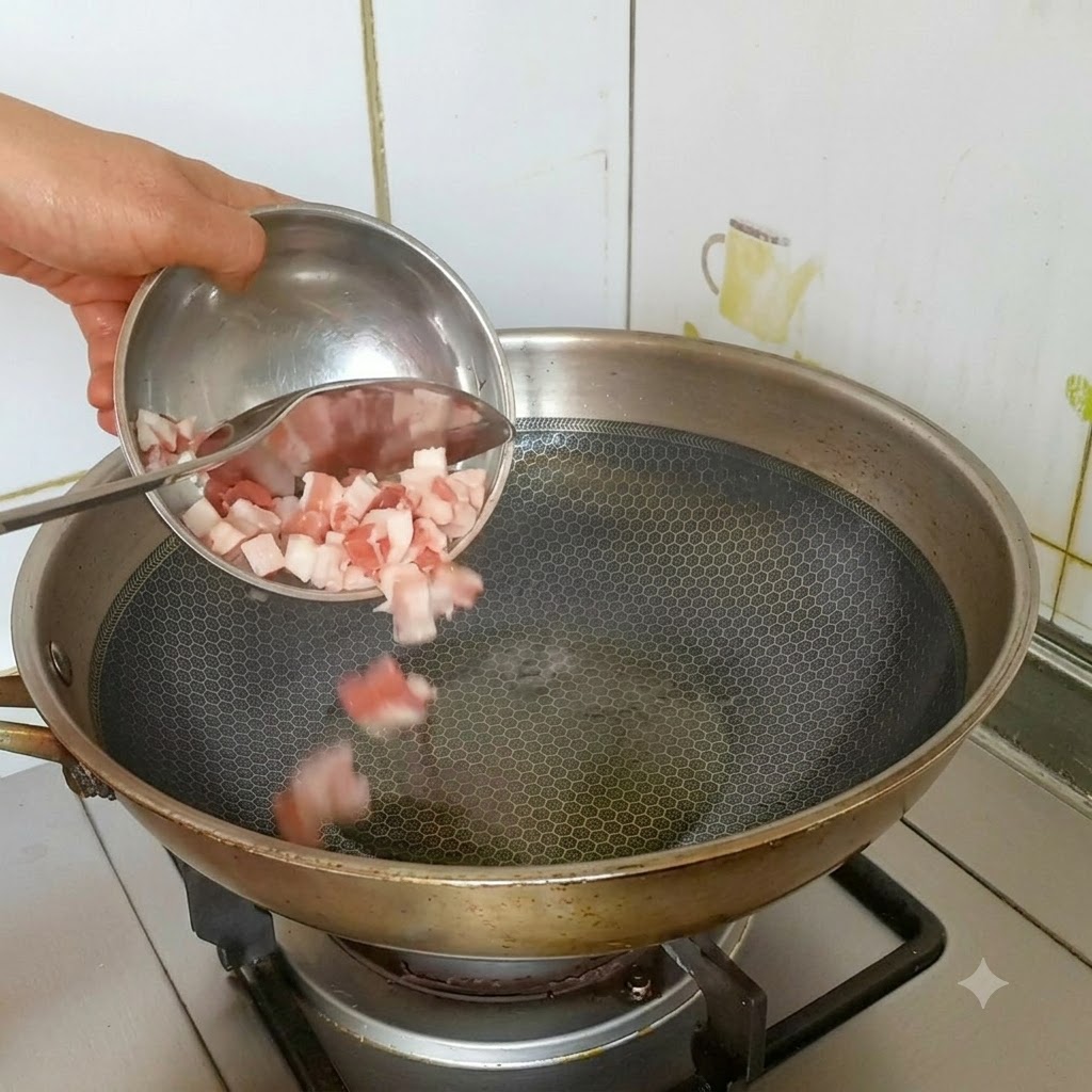 Gewürfelter Schweinebauch wird aus einer kleinen Schüssel in einen heißen, geölten Edelstahl-Wok gegossen.