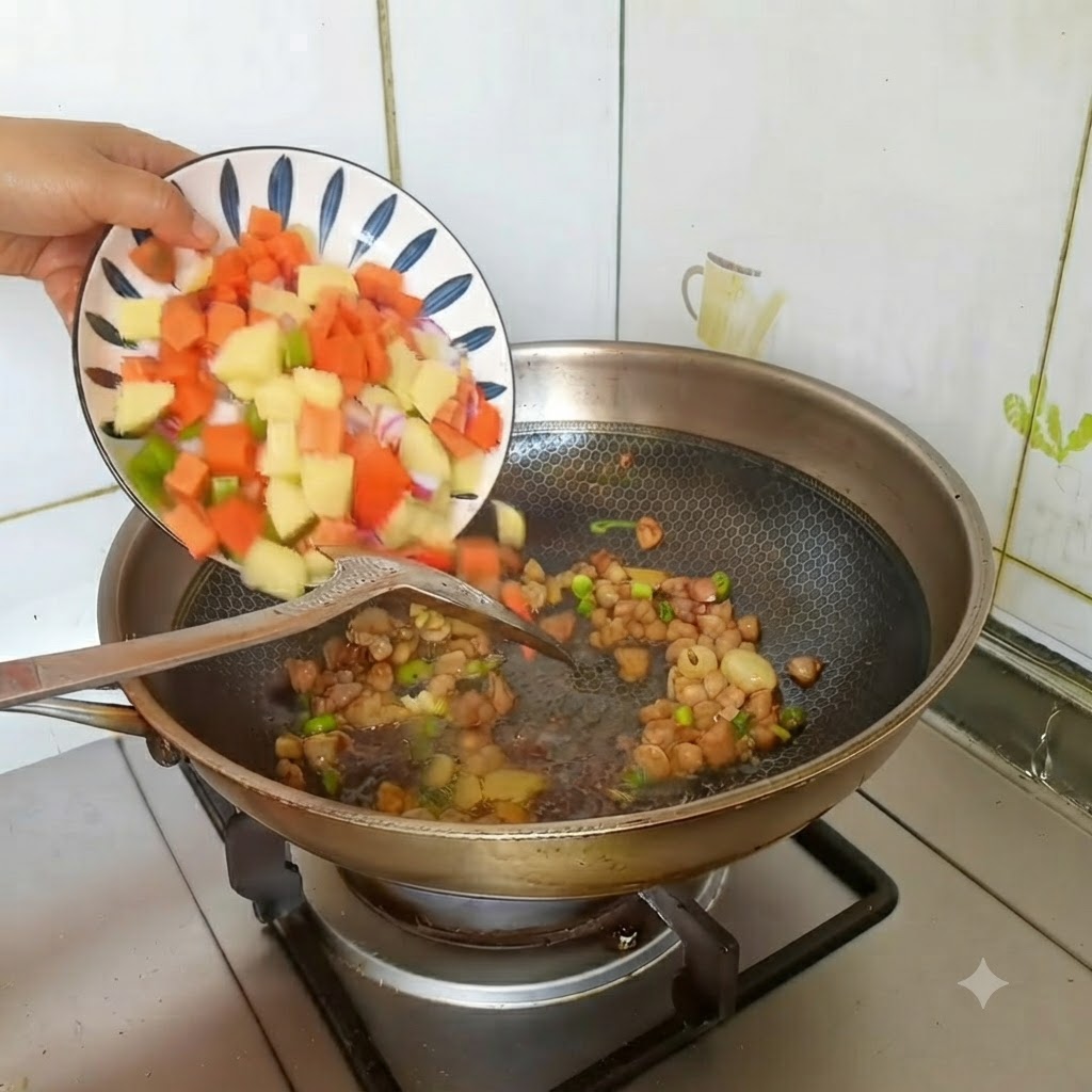 Ein Teller mit bunten gewürfelten Kartoffeln, Karotten und grünen Paprika wird in den Wok gegeben.
