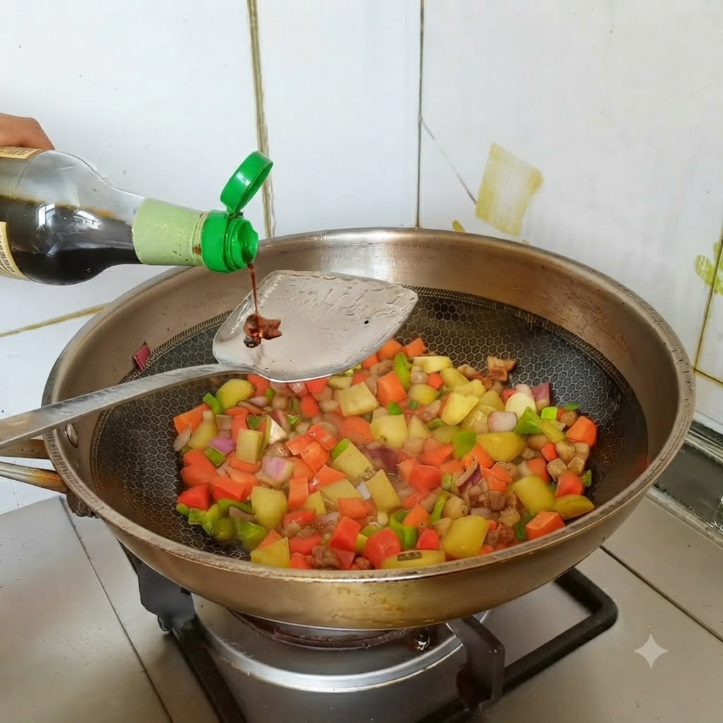 Helle Sojasoße wird aus einer Flasche auf einen Pfannenwender über die Gemüse-Fleisch-Mischung gegossen.