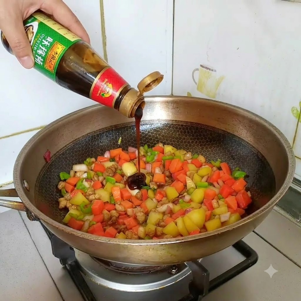 Austernsoße wird aus einer Quetschflasche direkt in die anbratende Gemüsemischung geträufelt.