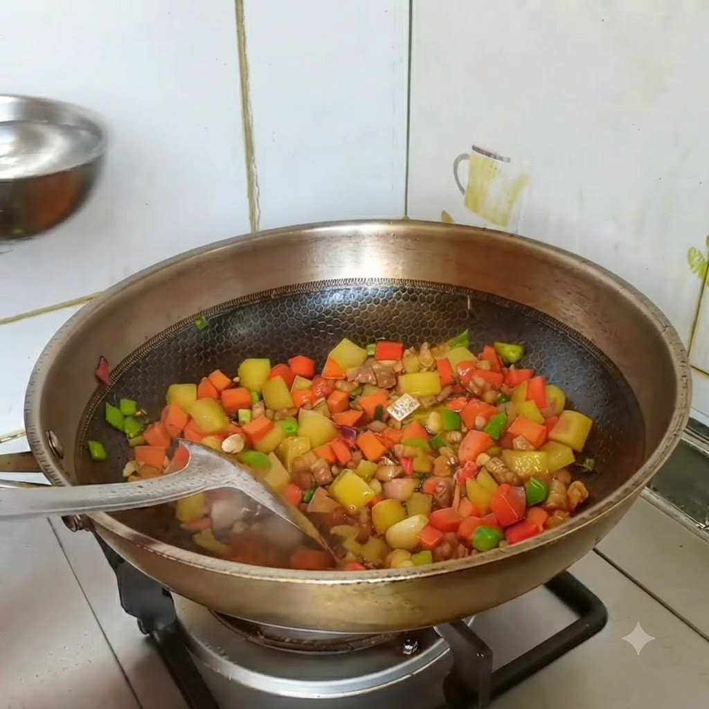 Eine kleine Schüssel Wasser wird über die Zutaten in den Wok gegossen, bevor der Curry-Würfel hinzugefügt wird.