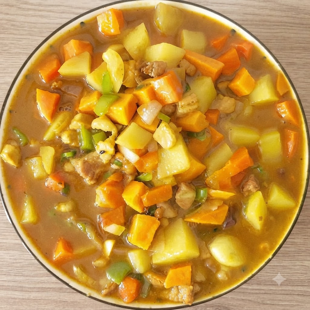 Ein fester Curry-Würfel wird in einen köchelnden Wok voller Gemüse und Brühe geworfen.