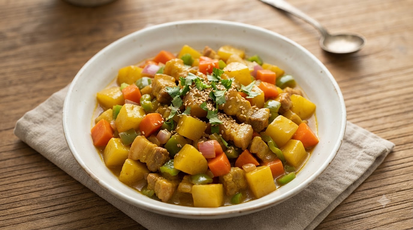 Asiatisches Curry-Kartoffel-Pfannengericht mit Schweinebauch