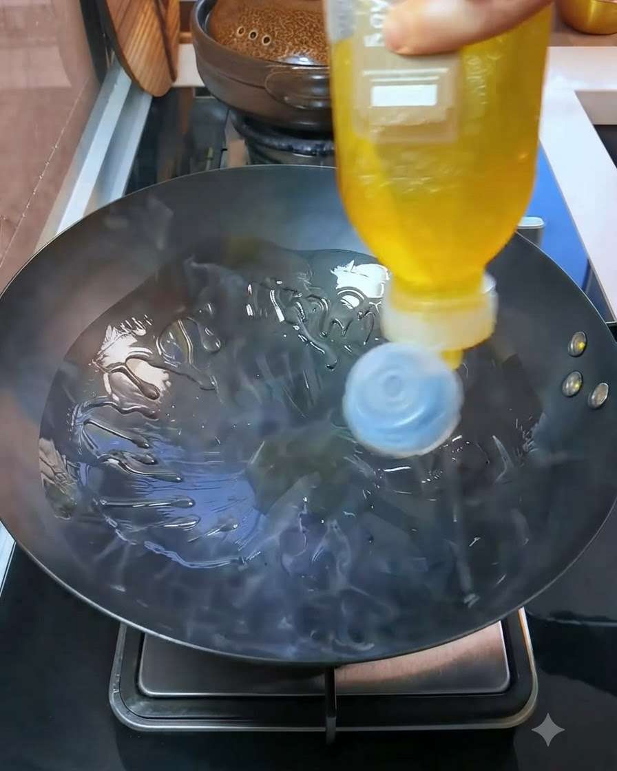 Speiseöl wird aus einer gelben Flasche in einen erhitzten Wok geträufelt.