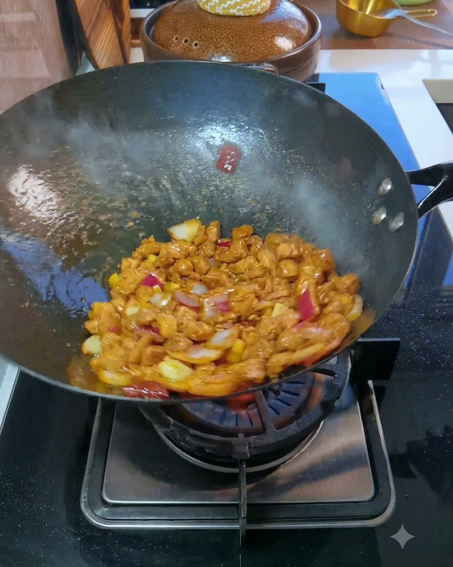 Gewürfeltes Schweinefleisch und rote Zwiebeln werden in einem heißen Wok über einer offenen Gasflamme in der Luft geschwenkt.