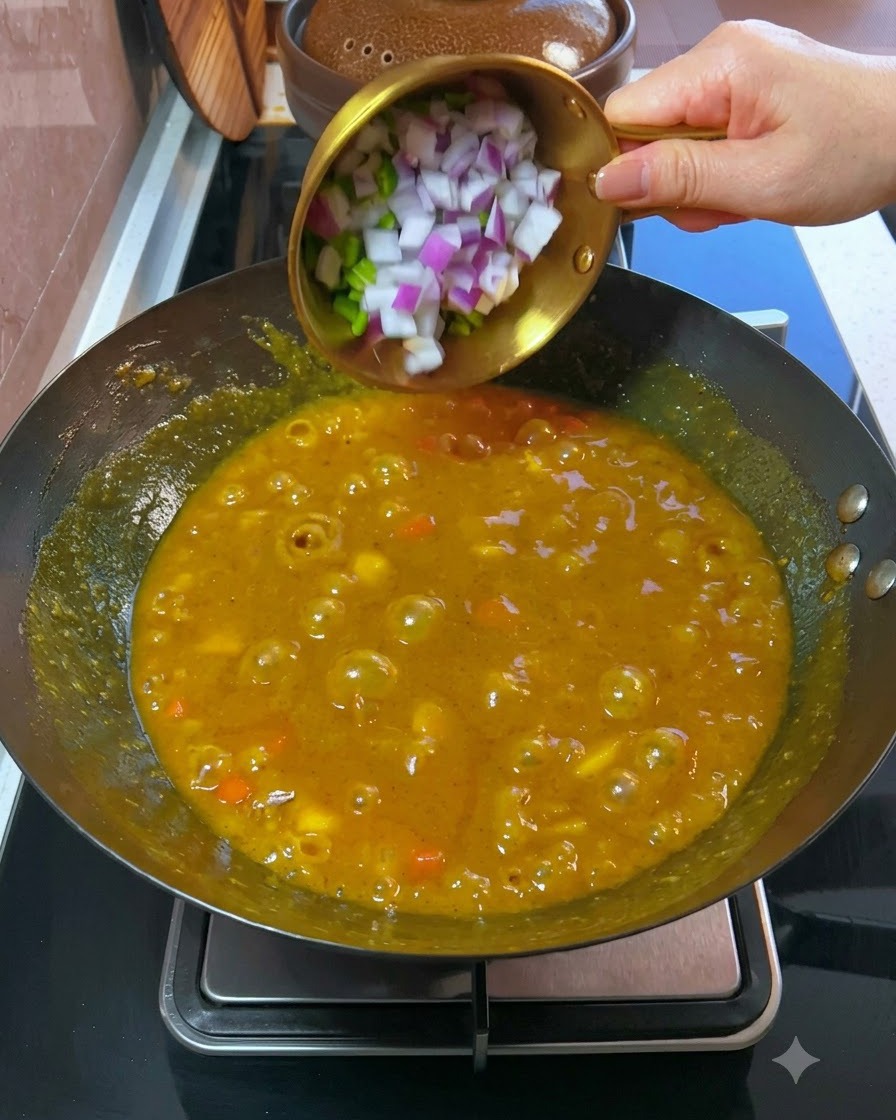 Gehackte Frühlingszwiebeln und rote Zwiebeln werden zu einer dicken, blubbernden Currysoße im Wok gegeben.