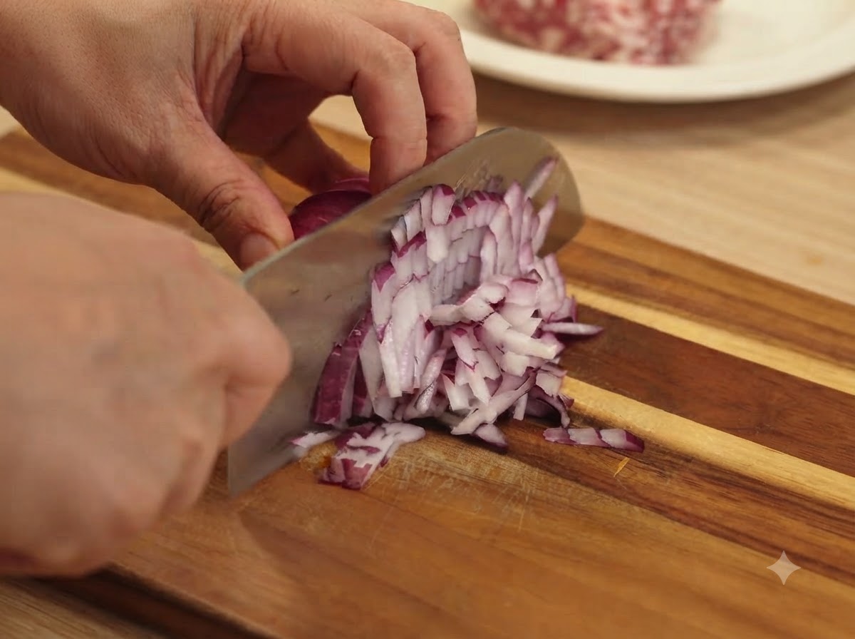 Knoblauchzehen werden mit einem Messer auf einem Holzschneidebrett fein gehackt.