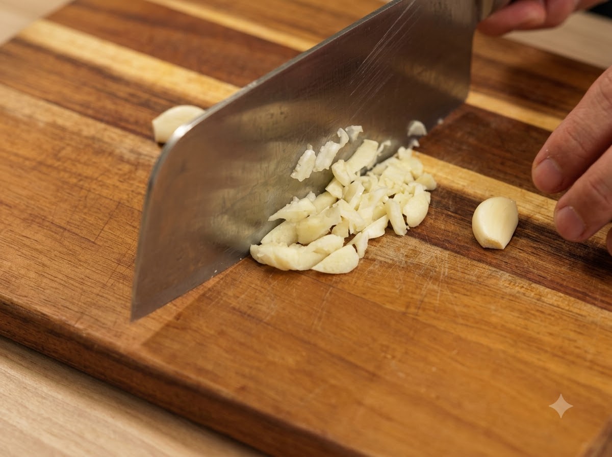 Ein Curryblock wird auf einem Holzschneidebrett in dünne Stücke geschnitten.