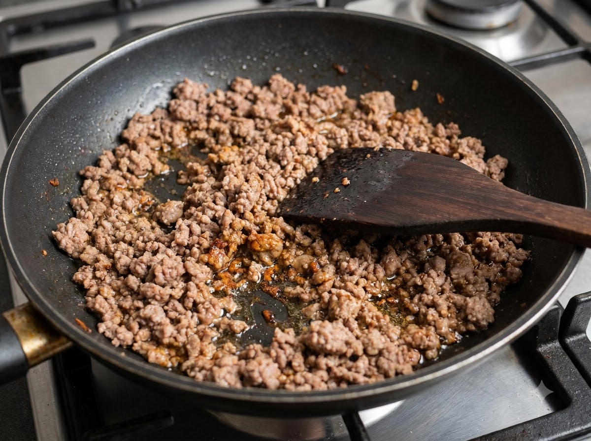 Schweinehackfleisch wird in einer schwarzen Pfanne mit einem Holzspatel angebraten.