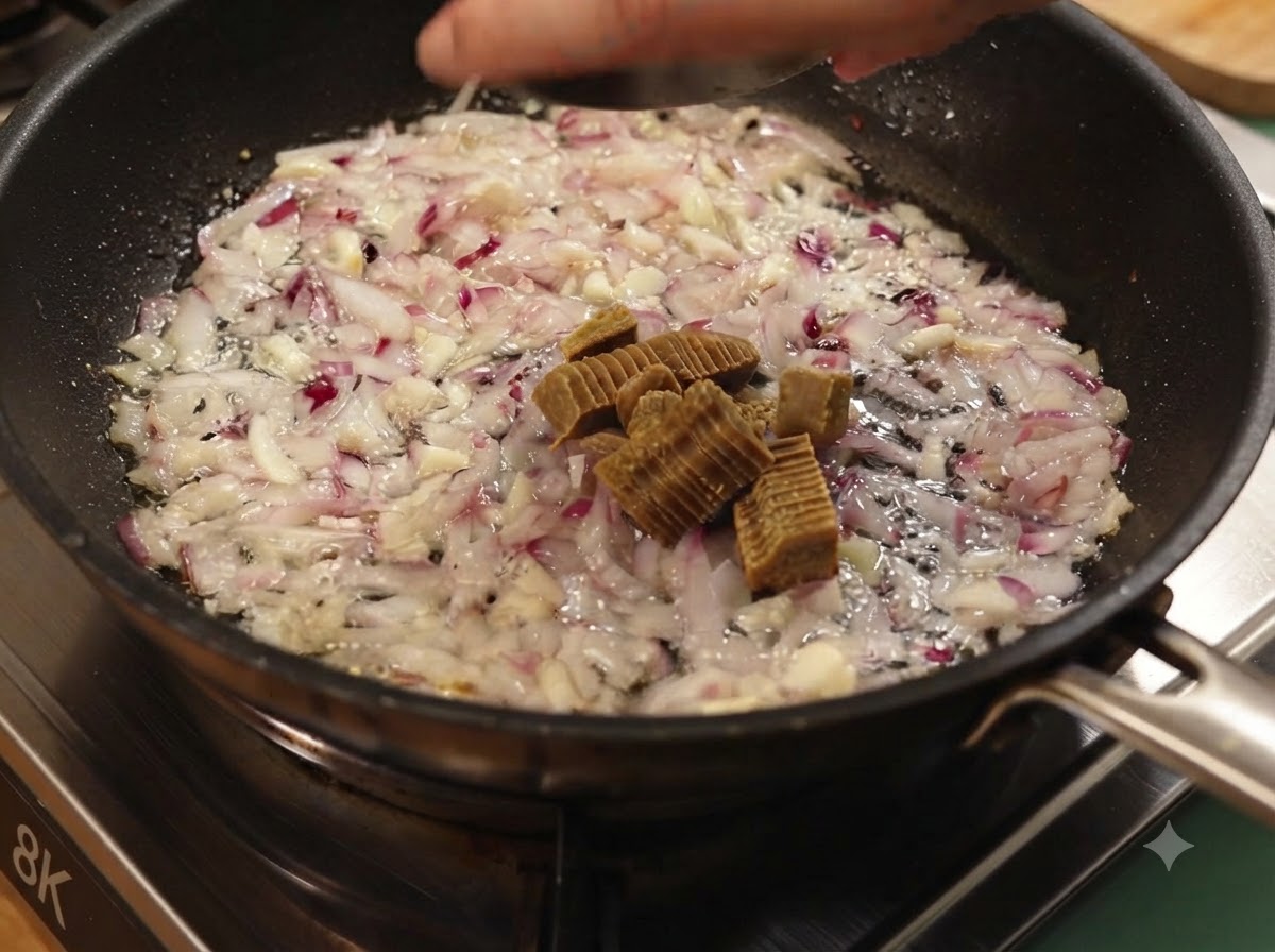 Geschnittene Curryblöcke werden zu den gekochten Zwiebeln und dem Knoblauch in eine Pfanne gegeben.