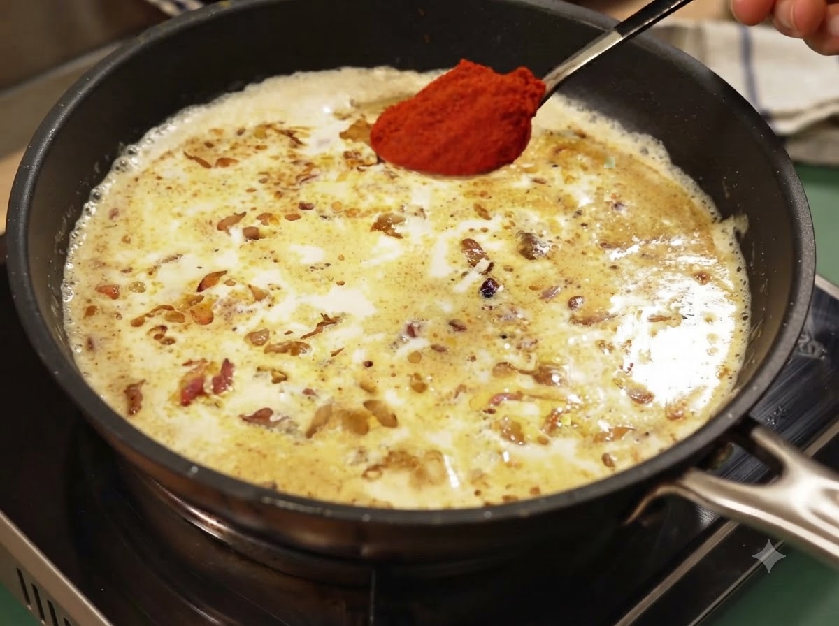 Ein Löffel rotes Paprikapulver wird über die cremige Currysauce gehalten.
