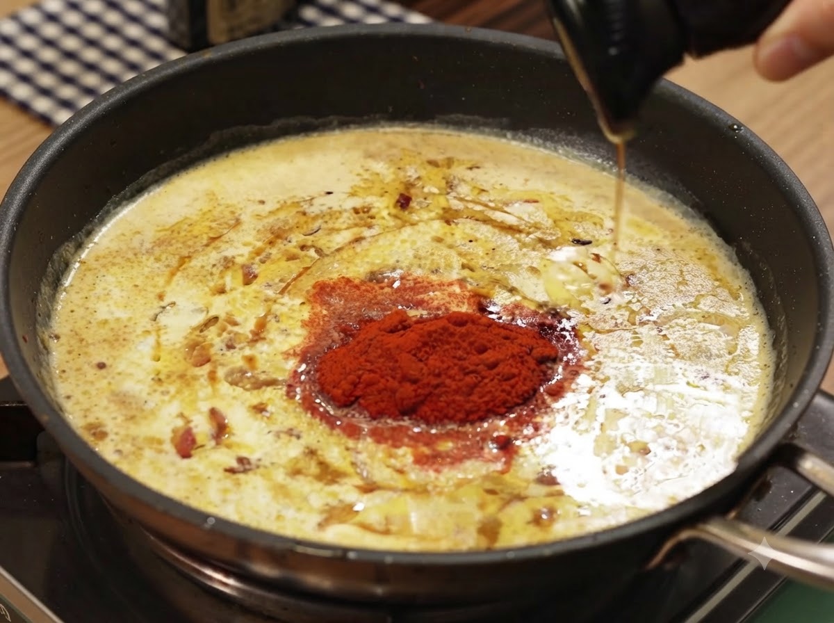 Dunkle flüssige Würzsauce wird aus einer Kelle in die blubbernde Currysauce gegossen.