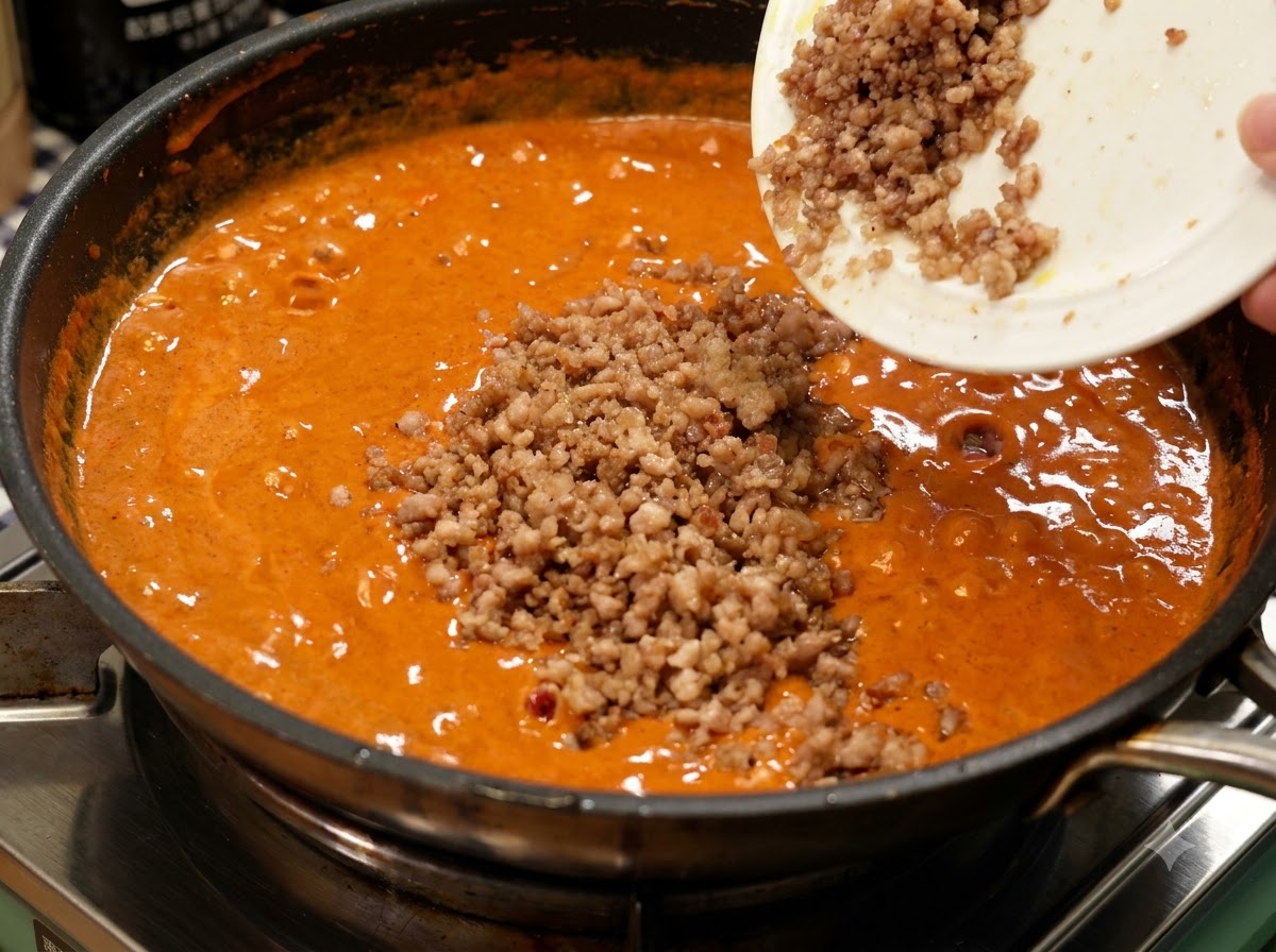 Gekochtes Hackfleisch wird von einem weißen Teller in eine Pfanne mit reichhaltiger orangefarbener Currysauce gegeben.