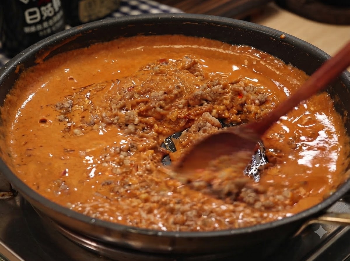 Ein Holzlöffel rührt gekochtes Schweinehackfleisch in eine reichhaltige orangefarbene Currysauce in einer Bratpfanne.