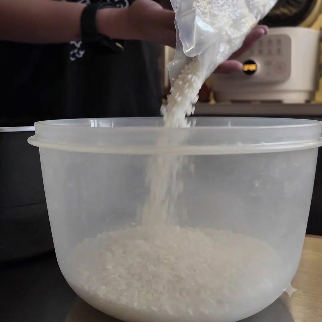 Eine Person schüttet ungekochten weißen Reis aus einer Plastiktüte in eine durchsichtige Plastikschüssel.