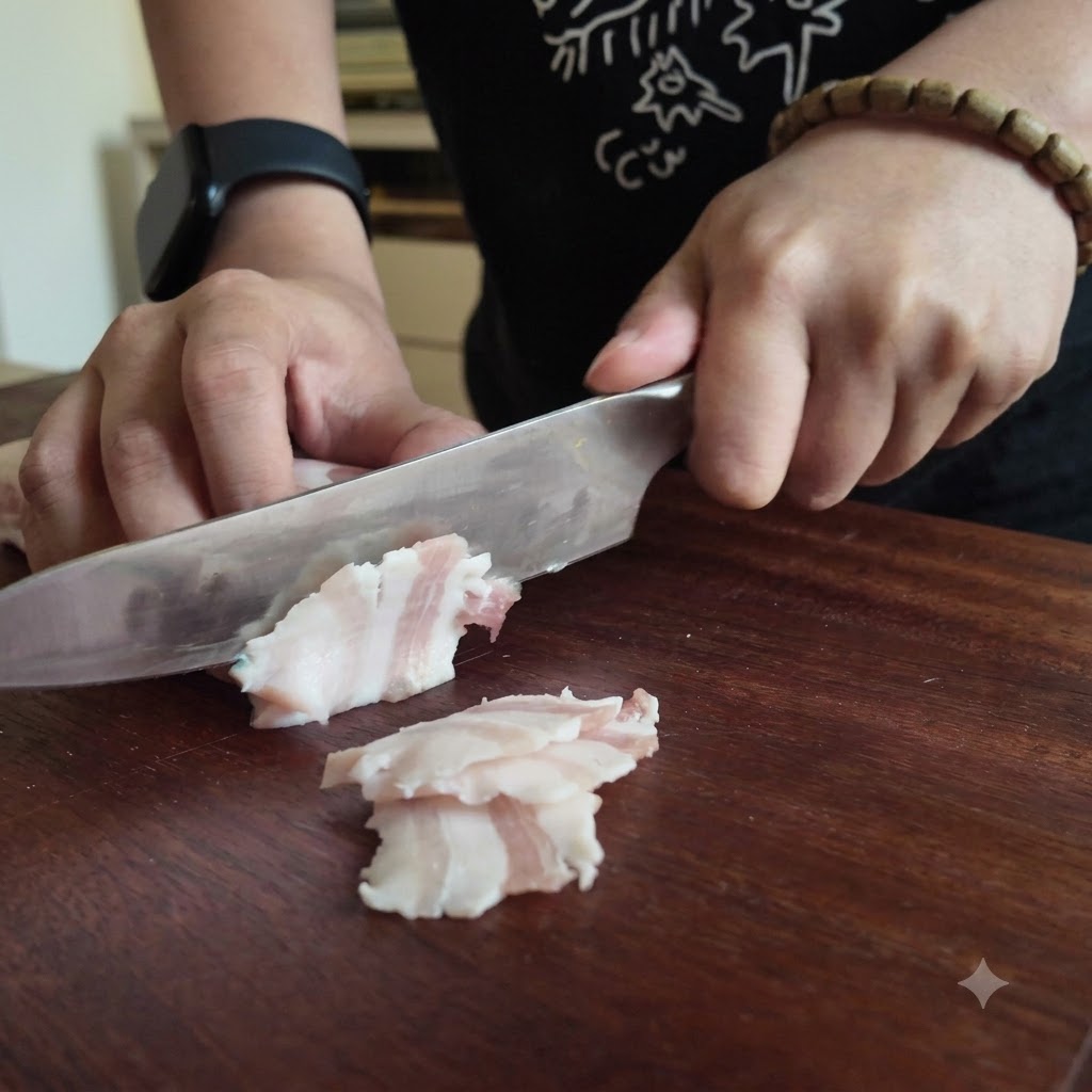 Hände schneiden mit einem Kochmesser dünne Scheiben rohen Schweinebauch auf einem Holzschneidebrett.