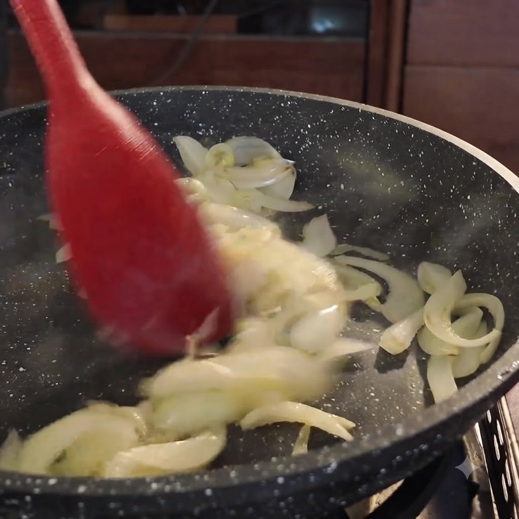 Rohe Schweinebauchscheiben werden mit einem roten Pfannenwender unter die angedünsteten Zwiebeln in einer Bratpfanne gemischt.