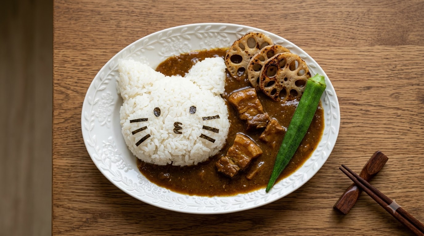 Cremiges Schweinebauch-Curry mit niedlichem Katzen-Reis