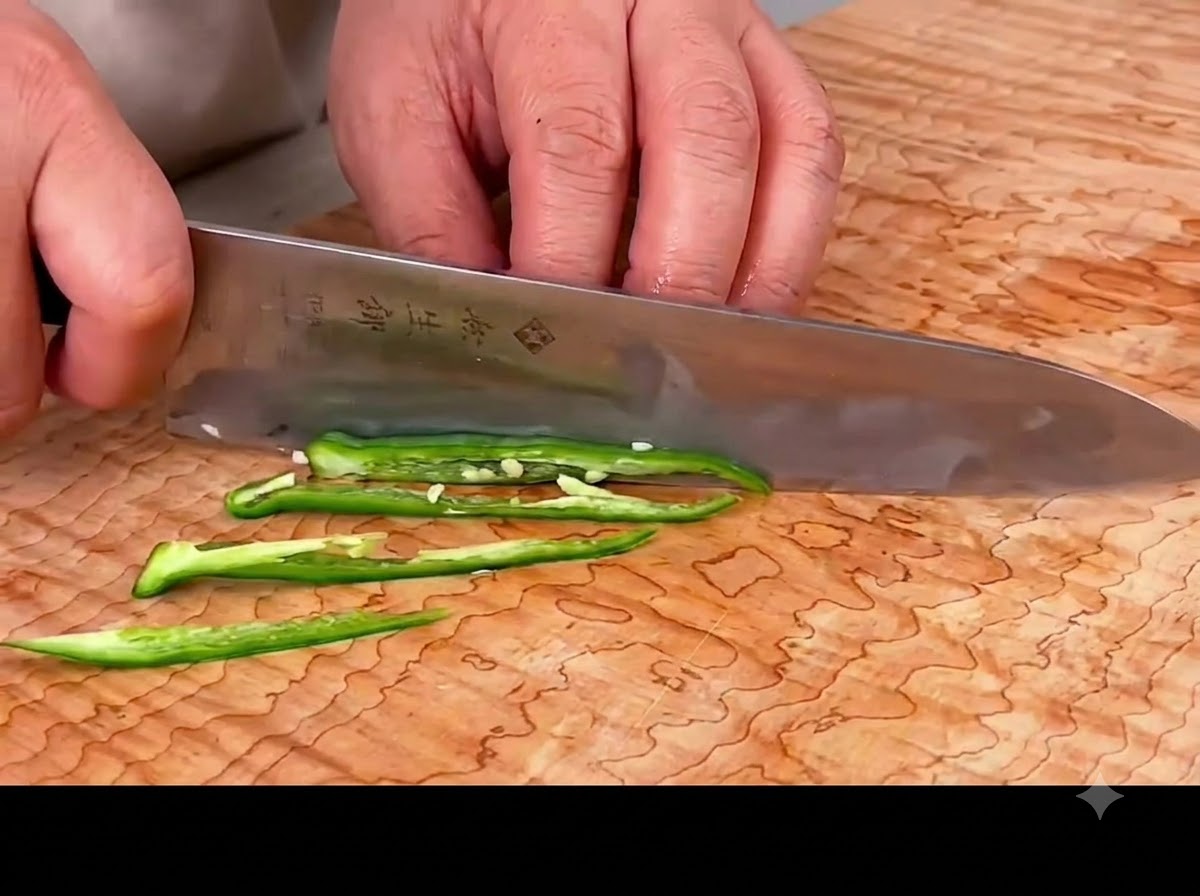 Ein Messer schneidet frische grüne Chilis in lange, feine Streifen auf einem Schneidebrett.