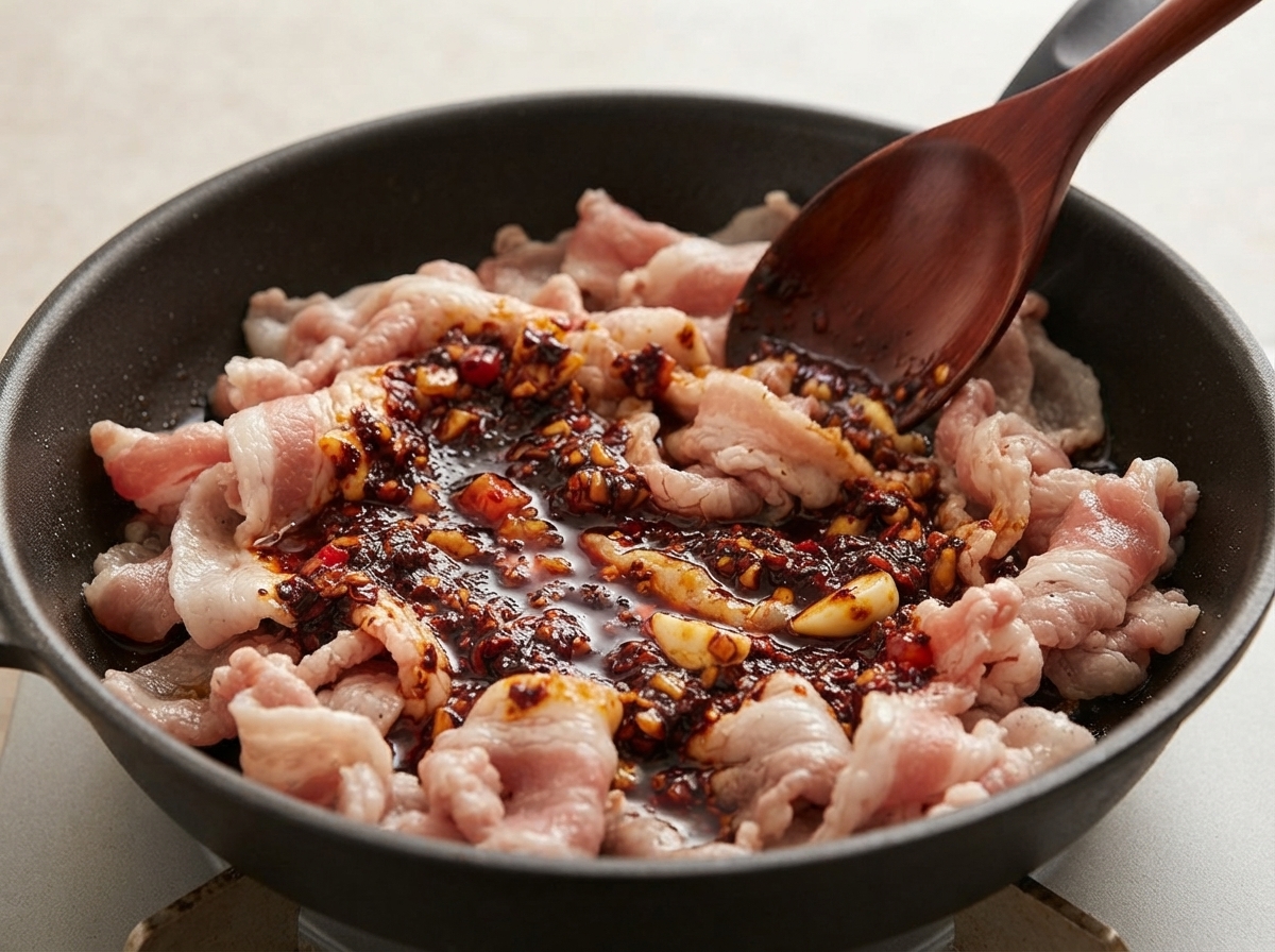 Dicke, dunkelrote Gochujang-Sauce wird in einer schwarzen Pfanne über teilweise gegarte, leicht gebräunte Schweinebauchscheiben gelöffelt.