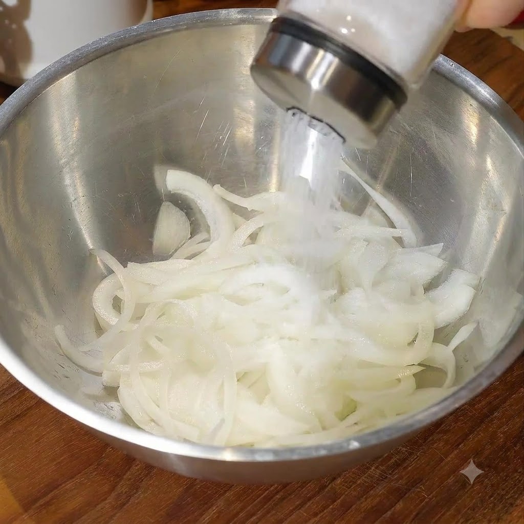 Eine Metallschüssel voller geschnittener Zwiebeln erhält Zucker und Wasser, bevor sie von Hand massiert wird.