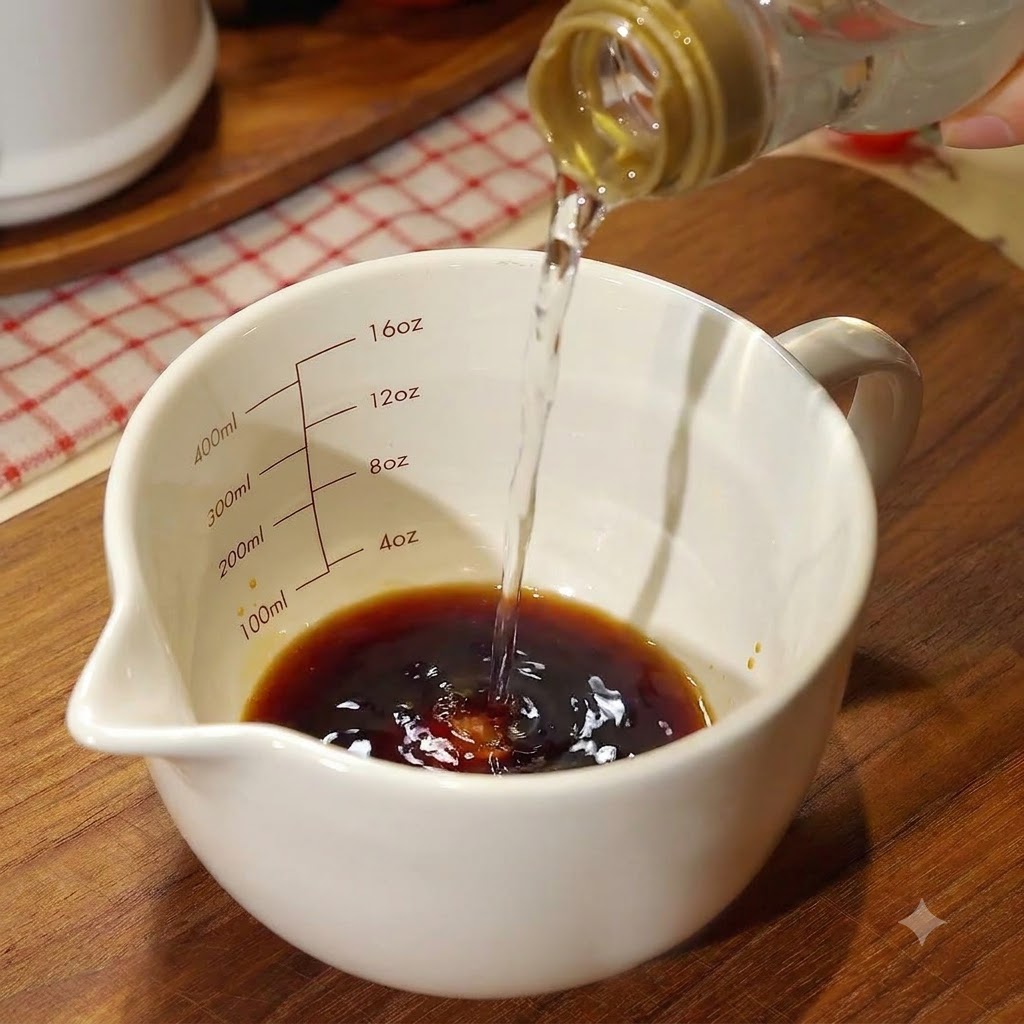 Flüssigkeit wird in einen weißen Messbecher mit dunklen Saucenzutaten gegossen.