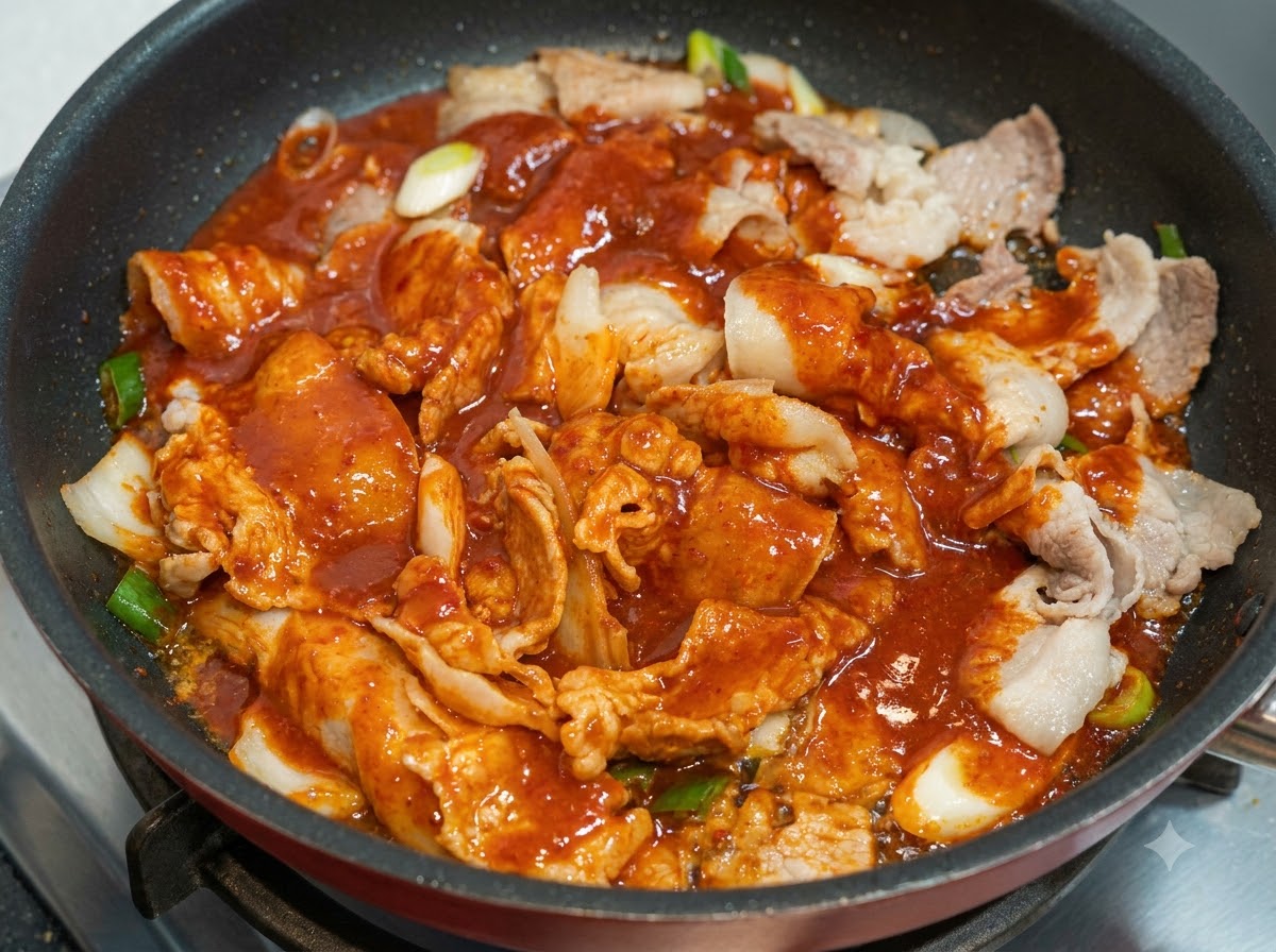 Heller rote, scharfe Sauce wird über Schweinebauch und Gemüse gegossen, die in einer Pfanne brutzeln.